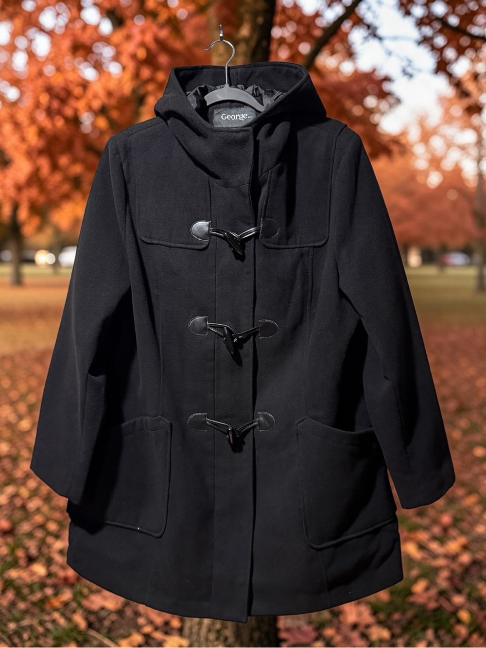George Black Hooded Coat with Zipper & Toggles